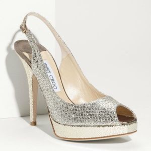 Jimmy Choo Clue Silver Glitter‎ Slingback Pump Platform Sandal Shoe [ 38.5 ]